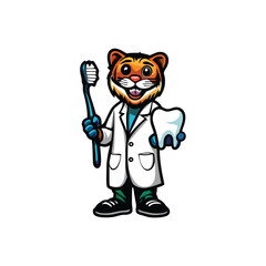 A jovial tiger dentist, wearing spectacles, gently holds a tiny toothbrush, examining a small, plush animal patient.