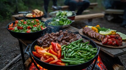 Obraz premium Campers preparing hearty meals around campfire forest clearing outdoor photography evening setting community spirit