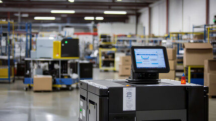 Robot with artificial intelligence takes control of factory into their hands. Robotic arm goes into the management of AI. Hud interface with icons management of industrial automation of manufacturing.