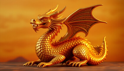 Fototapeta premium Majestic golden dragon sculpture with intricate details against a warm background