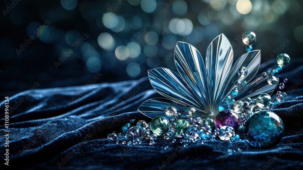 Aufkleber creative macro view reflective glass beads in fan design on luxurious fabric in artistic indoor sett