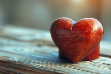 Fototapeta premium Heart-shaped wooden sculpture resting on a rustic wooden table illuminated by warm ambient light during the afternoon