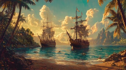 Christopher Columbus's ships, the Nina, Pinta, and Santa Maria, docked at a lush tropical island, historical art style, vivid colors, golden sunlight