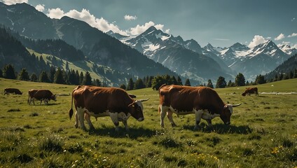 Swiss cows grazing in alpine meadows surrounded by mountains.