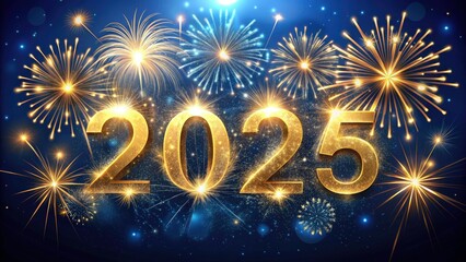 Vintage Style Happy New Year 2025 Greeting Card with Golden Fireworks and Sparkling Numbers Against a Night Blue Sky Background for Holiday Celebrations