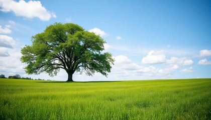 Obraz premium natural scenery Green grass field with trees and blue sky Green Grass Field