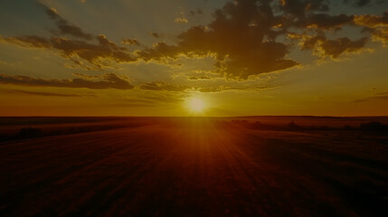 Obraz premium Captivating sunset over a vast field with vibrant clouds and golden light, stunning 4K landscape