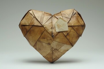 Heart-shaped sculpture made of natural materials displayed on neutral backdrop