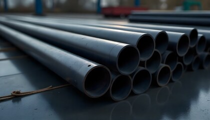 Fototapeta premium Black steel pipe for construction materials, steel, which is a group of construction steel products, 6 meters long, concept image or sample image of a steel product. 