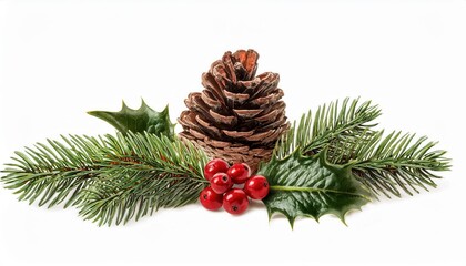 Festive Christmas Decoration with Pinecone, Evergreen Spruce Branches, and Vibrant Red Berries Isolated on White Background. Perfect for Holiday Cards, Seasonal Designs, and Winter Themed Projects