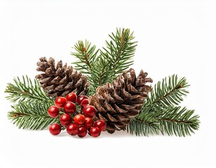 Fototapeta premium Festive Christmas Decoration with Pinecone, Evergreen Spruce Branches, and Vibrant Red Berries Isolated on White Background. Perfect for Holiday Cards, Seasonal Designs, and Winter Themed Projects