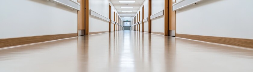 Obraz premium A clean, well-lit hallway in a building, showcasing smooth flooring and wooden accents, creating a spacious and inviting atmosphere.