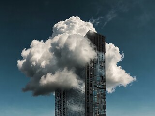 Tall skyscraper with a cloud partially covering the top.