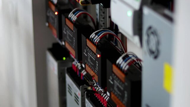 An electric switchboard for the organization of electricity supply to the apartment. Close-up. Soft focus.