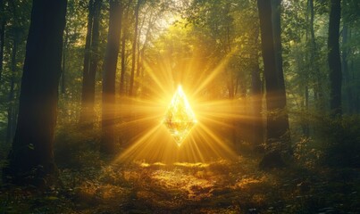 A mystical forest scene at dawn with beams of golden light piercing through dense trees. In the center of the clearing, a glowing crystal hovers in a mist. Radiates calm and spiritual energy