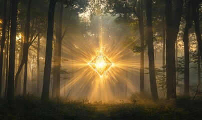 A mystical forest scene at dawn with beams of golden light piercing through dense trees. In the center of the clearing, a glowing crystal hovers in a mist. Radiates calm and spiritual energy