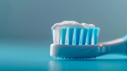 A colorful toothbrush and toothpaste on a blue countertop showcase various dental care themes and settings