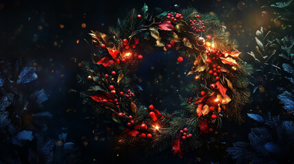 christmas wreath on red background