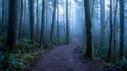 Fototapeta premium A dense, foggy forest path leading through ancient trees with moss-covered bark and soft light breaking through