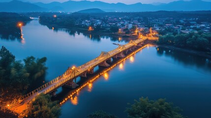 Naklejka premium Scenic Night View of Illuminated Bridge Over Calm River Surrounded by Lush Trees and Mountains Under a Stunning Blue Twilight Sky