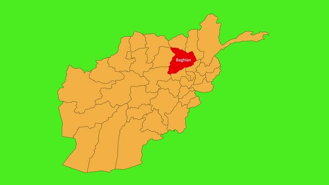 Baghlan map animated video. The location is highlighted on the Afghanistan map. Colour map with Green screen background in video format.