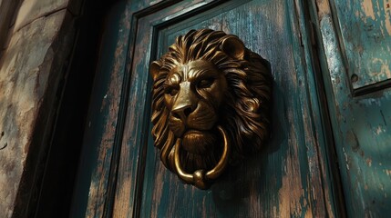 Intricate Vintage Lion Head Door Knocker on Weathered Wooden Door with Distressed Green Finish and Rustic Charm