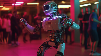 Robot or cyborg dabbing on party. Android in dab pose. Cybernetic man with artificial intelligence dance in nightclub techno or electronic music. 3d Robot have bionic face, hands and body.