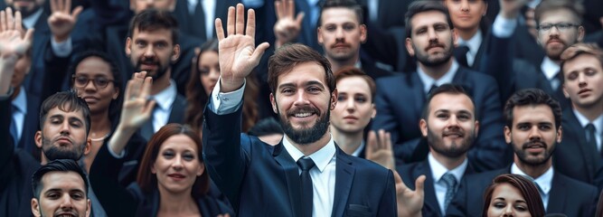 businessman in crowd or group raising hand