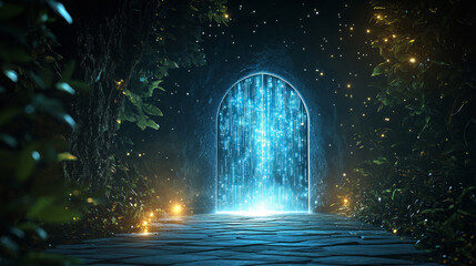 Obraz premium Science fiction door in parallel worlds. Door in tunnel with digital data center light signals. Future cyber gate in cyberspace or metaverse. Fantasy cyber portal or doorway in future virtual city.