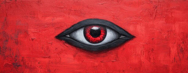 An artistic depiction of a striking red eye on a vivid red background, symbolizing intensity and vision.