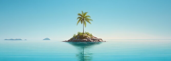 Obraz premium A tranquil view of a small, secluded island with a single palm tree, surrounded by crystal-clear turquoise waters and a cloudless sky
