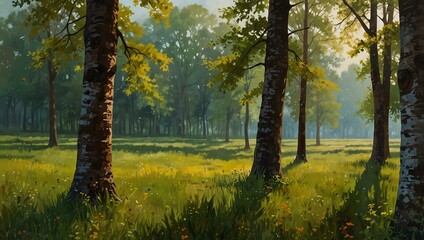 Obraz premium Textured impressionistic painting of a meadow with walnut and ginkgo trees.