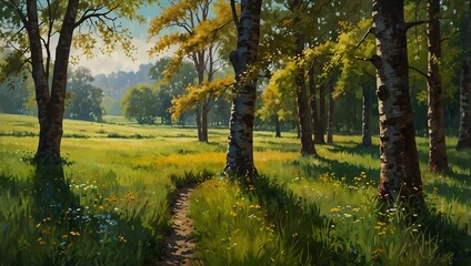 Fototapeta premium Textured impressionistic painting of a meadow with walnut and ginkgo trees.