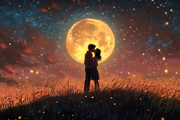 Obraz premium A romantic silhouette of a couple against a starry night and a large moon.