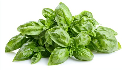 Fototapeta premium a bunch of fresh basil leaves on a white background The leaves are a vibrant green color and have a glossy sheen They are arranged in a neat pile, with some of th