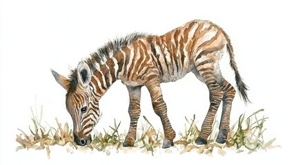 Obraz premium a watercolor painting of a baby zebra grazing in the grass, with its brown and black stripes standing out against the white background