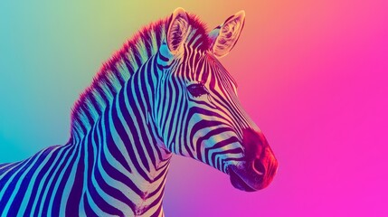  a zebra standing in front of a vibrant and colorful background The zebra has black and white stripes, and its mane is blowing in the wind The background is compos