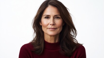 Fototapeta premium a woman with long brown hair wearing a maroon turtleneck sweater against a white background