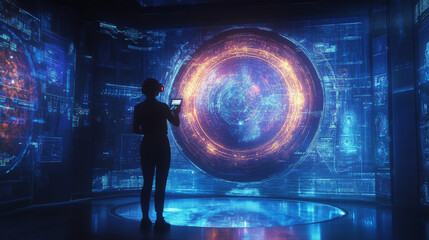 Obraz premium VR technology in industry. Man in VR glasses in virtual reality looking at projection of HUD holographic interface. Futuristic scientist working in Augmented reality or AR headset in cyberspace.