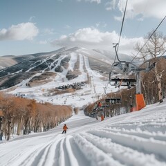 Skiing Down a Sun-Drenched Slope A Lone Skiers Descent, Chairlift in Focus, Mountain Vista