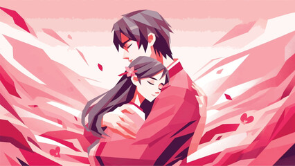 illustration of a couple was hugging in low poly illustration, dominated by various pink