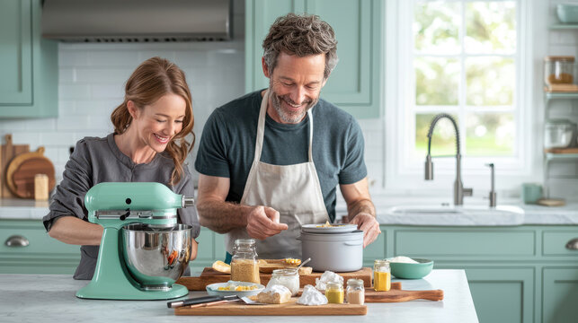 Daily Chores concept, A couple enjoys baking together in a bright kitchen, using a mixer and various ingredients on a wooden countertop.
