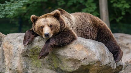 Obraz premium a brown bear laying on top of a rock surrounded by trees in the background