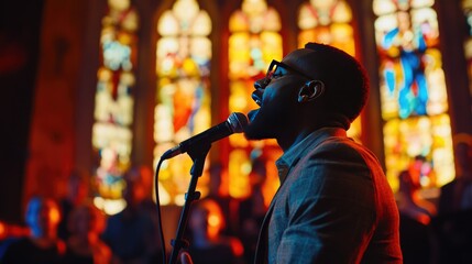 Gospel singer leading a choir in a church, passionately singing into a microphone, surrounded by uplifting stained-glass windows.