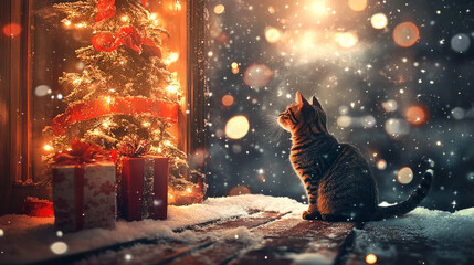 cat on the window at winter christmas background