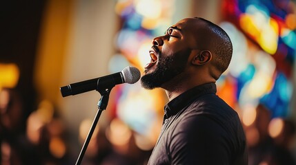 Gospel singer leading a choir in a church, passionately singing into a microphone, surrounded by uplifting stained-glass windows.