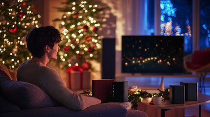 Christmas card in the style of new technologies, engineering, electronics. Christmas tree in red Santa Claus hat and surrounded by Christmas and new year symbols. Christmas sales and marketing