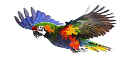 Obraz premium a vibrant parrot flying through the air with its wings spread wide, its feathers a mix of blues, greens, yellows, and reds The background is a bright white, highli