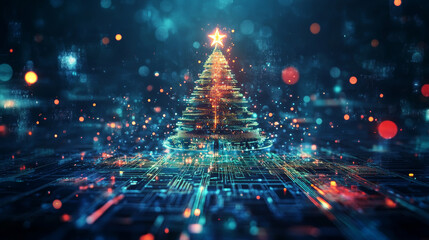 Christmas tree on Christmas poster in electronic technology style. New year, merry christmas congratulations card in computer tech design. Template Christmas cards in style of digital technology.