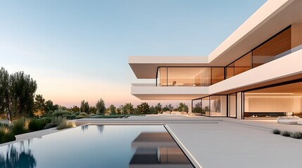 Fototapeta premium Architectural design for a modern house with smooth finishes, large glass walls, and clean geometry, 3D rendering